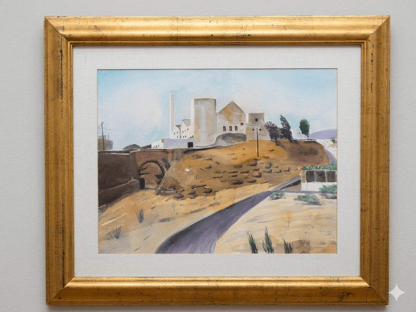 Telde - Gouache sobre papel, enmarcado en dorado - 74 x 62 cm