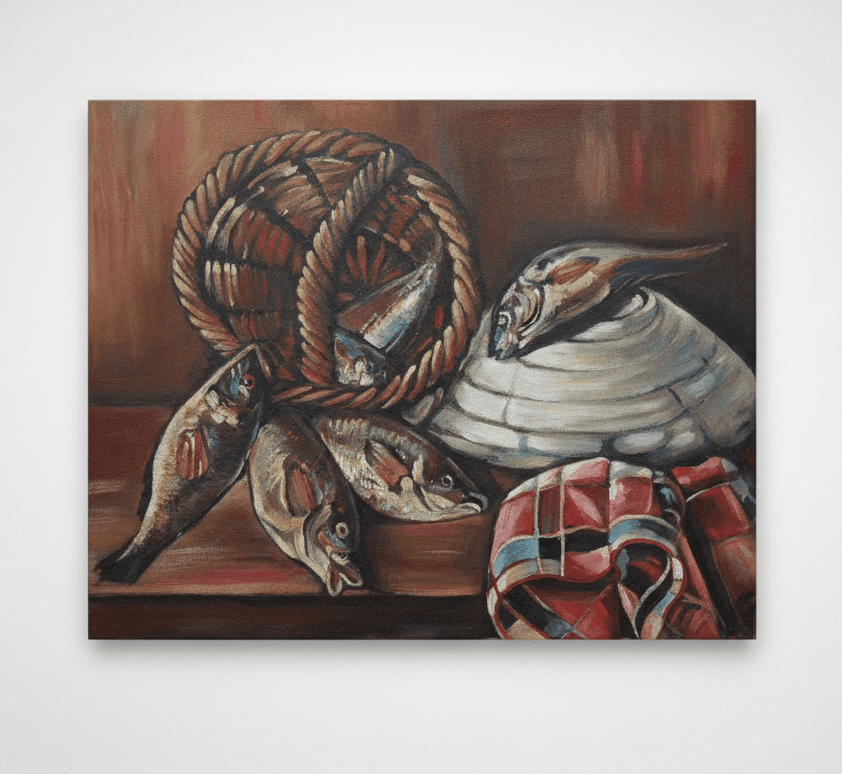 Bodegón Peces — Óleo sobre lienzo, 63 x 50 cm — José Antonio Hernández, artista canario