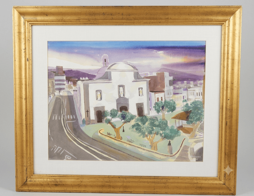 Iglesia Canaria - Acuarela gouache sobre papel, enmarcado - 74 x 62 cm